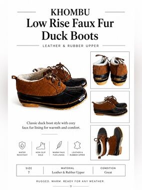 KHOMBU LOW RISE FAUX FUR STEEL SHANK DUCK BOOTS SHOES size 7
Leather and rubber